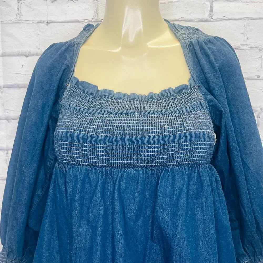 Free People Womens Dark Blue Smocked Balloon Sleeve Bodydoll Mini Dress Medium